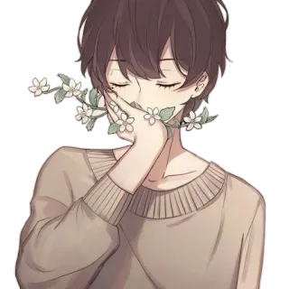 🌸 Аниме, Парень, Цветы, Грустный, Эстетика, Иллюстрация whatsapp sticker