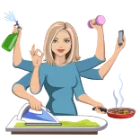 😗 mujer, multitarea, ama de casa, limpieza, cocina, planchado, mancuerna, dibujos animados telegram sticker