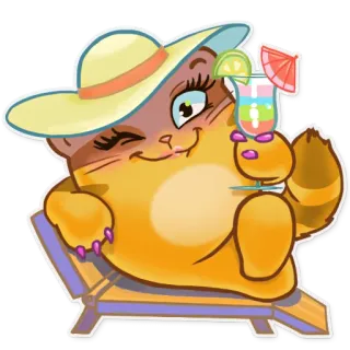 👌 gato, verão, praia, coquetel, férias, relaxante, desenho animado, chapéu telegram sticker