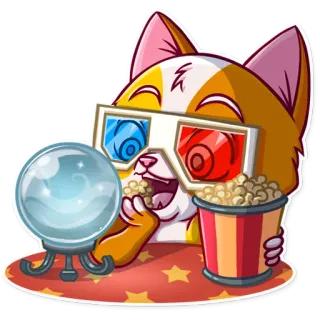 🔮 gatto, popcorn, occhiali 3D, cinema, film, indovina, sfera di cristallo, guardare film telegram sticker