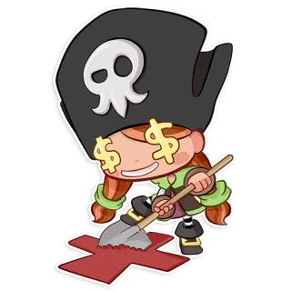 🤑 pirat, schatz, dollarzeichen, cartoon, schaufel, figur, aufkleber whatsapp sticker