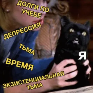 😫 ДОЛГИ ПО УЧЕБЕ, ДЕПРЕССИЯ, ТЬМА, ВРЕМЯ, ЭКЗИСТЕНЦИАЛЬНАЯ ТЬМА, Я meme, russo, gato, estudante, depressão, existencial, tempo, escuridão telegram sticker
