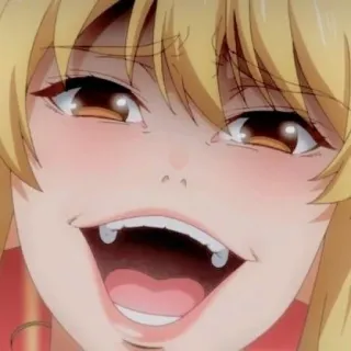 🦮 Anime, Sonrisa, Colmillos, Pelo rubio, Mujer, Dibujos animados telegram sticker