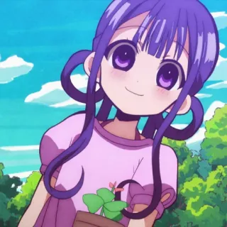 ✖ anime, garota, cabelo roxo, fofa, personagem, sorrindo, desenho animado telegram sticker