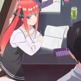 🍷 Nino Nakano The Quintessential Quintuplets anime, garota, cabelo ruivo, Nino Nakano, estudante, estudando whatsapp sticker