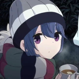 ☕️ Rin Shima Laid-Back Camp Anime, Menina, Camping, Ao ar livre, Fofa, Inverno, Gorro, Chá telegram sticker