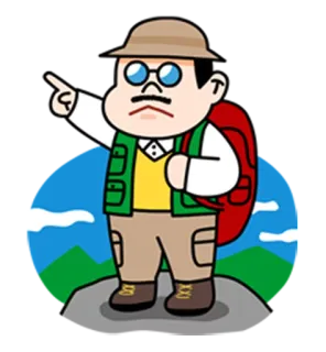 😎 voyage, aventure, randonnée, homme, dessin animé, explorateur, extérieur telegram sticker