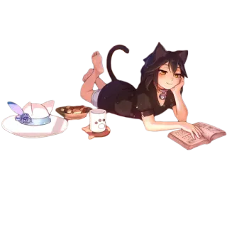 😏 고양이 소녀, 애니메이션, 독서, 편안한, 귀여운, 카와이, 네코 telegram sticker