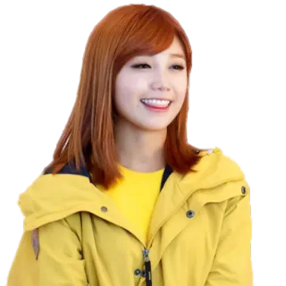 😛 femme, cheveux orange, veste jaune, souriant(e), asiatique, personne, portrait, joyeux(se) whatsapp sticker