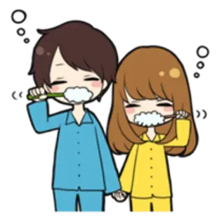 😬 casal, escovando dentes, pijama, desenho animado, fofo, rotina matinal whatsapp sticker