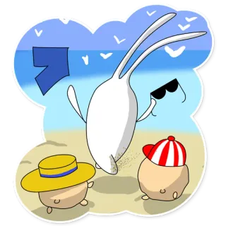 😎 kreskówka, plaża, okulary przeciwsłoneczne, kapelusze, ptaki, chmury, piasek telegram sticker
