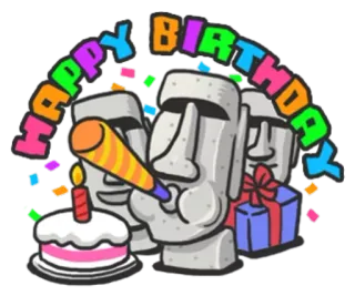🐷 HAPPY BIRTHDAY verjaardag, feest, viering, confetti, taart, cadeau, moai, standbeelden, paaseiland whatsapp sticker