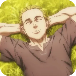 🤲 anime, leżący, trawa, uśmiechnięty, zrelaksowany, mężczyzna, blond telegram sticker
