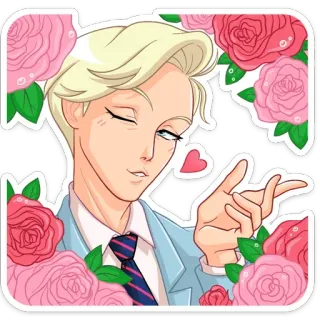 😘 hoạt hình, tóc vàng, đàn ông, áo vest, hoa hồng, trái tim whatsapp sticker
