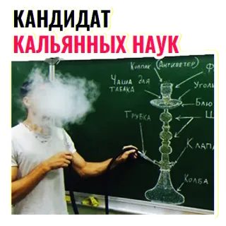 🎓 КАНДИДАТ
КАЛЬЯННЫХ НАУК
Колок (Антиветер) ф
ЧАША для
ТАБАКА
ТРУБКА
Уголь
Блю
ப
ΛΑΠΑ
Колба narguilé, fumar, tabaco, candidato, ciência, russo, diagrama telegram sticker