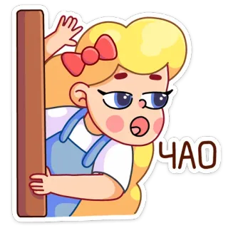 👋 ЧАО gadis, kartun, pirang, pita, melambai, selamat tinggal whatsapp sticker