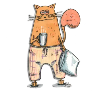 ⏰ кот, кофе, пижама, сонный, подушка, милый, животное, мультфильм telegram sticker