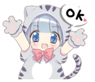 😃 OK dziewczyna anime, kombinezon kota, uroczy, ok, kawaii telegram sticker