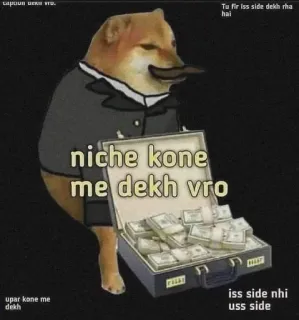 😪 Cheems Doge Meme niche kone me dekh vro cheems, doge, meme, money, suit, business, look, funny telegram sticker