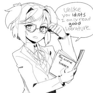 🍈 Unlike you idiots I only read good literature.
Big anime tiddies アニメ, 文学, メガネ, 本, 皮肉 telegram sticker