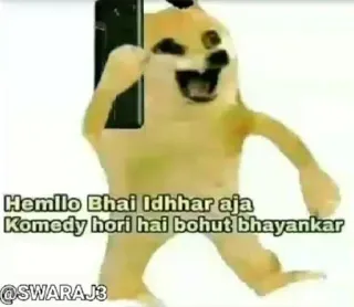 🤣 Doge Internet meme Hemilo Bhai Idhhar aja Komedy hori hai bohut bhayankar doge, meme, funny, phone, calling, humor, reaction telegram sticker
