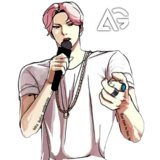🦔 bisa butir moderate, Too Fast to Live, Too Young to Die. man, microphone, anime-style, tattoos, singer, performing arts, musician telegram sticker