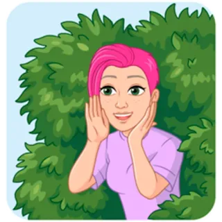 📞 женщина, розовые волосы, куст, улыбается, счастливая, мультфильм, аватар telegram sticker