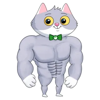 💪 cat, muscular, cartoon, animal, bow tie, grey telegram sticker