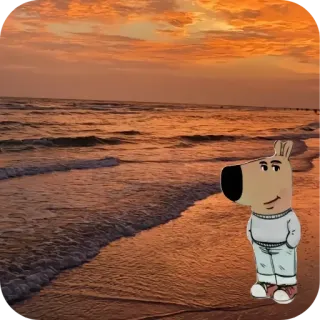 ❤ pies, kreskówka, plaża, zachód słońca, ocean telegram sticker