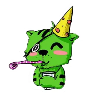 🎉 ステッカー, 緑, 猫, パーティー, 漫画, お祝い, かわいい, 動物 telegram sticker