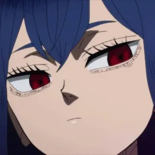 👑 anime, mujer, pelo azul, ojos rojos, primer plano, seria telegram sticker