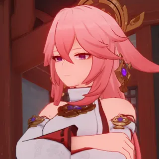 🤔 Yae Miko Genshin Impact yae miko, genshin impact, animé, personnage de jeu vidéo, cheveux roses, yeux violets whatsapp sticker