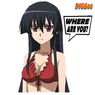 😑 WHERE ARE YOU? anime, meisje, rode bikini, zwart haar, vraag telegram sticker
