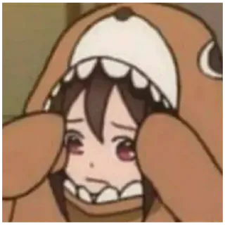 😧 anime, gadis, imut, hoodie beruang, sedih, kawaii telegram sticker