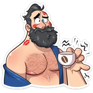 ☕️ мужчина, следы от поцелуев, кофе, мультфильм, борода, стикер, иллюстрация, напиток telegram sticker
