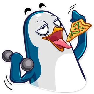 🏋 pinguino, cartone animato, pizza, sollevamento pesi, cibo whatsapp sticker