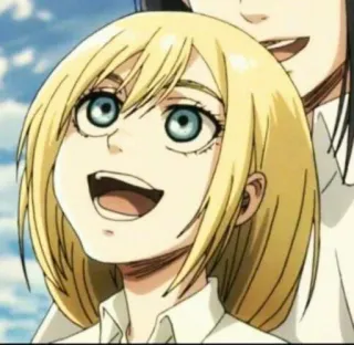 🤩 Krista Lenz Attack on Titan anime, cabelo loiro, olhos azuis, sorrindo, feliz, fofa, garota whatsapp sticker