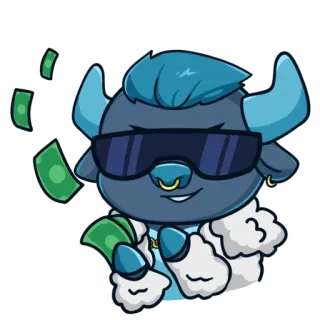 💸 Dessin animé, Animal, Taureau, Argent, Richesse, Lunettes de soleil, Sticker, Bleu telegram sticker