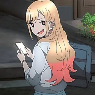 😏 Marin Kitagawa My Dress-Up Darling anime, ragazza, bionda, telefono, zaino scolastico telegram sticker