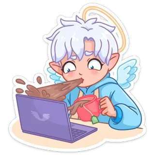 😳 ангел, пролитие, кофе, компьютер, беспорядок, ой telegram sticker