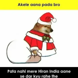 🌟 Cheems Doge Meme Akele aana pada bro. Pata nahi mere Hiran India aane se dar kyu rahe the Cheems, Doge, Christmas, Santa Claus, Meme, Hindi, Humor telegram sticker