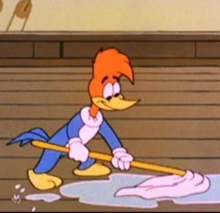 🧹 Woody Woodpecker cartone animato, Woody Woodpecker, pulizia, lavare a terra, animato, uccello whatsapp sticker
