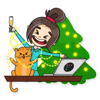 🥳 festa, gatto, ragazza, natale, albero, festivo, brindisi, felice telegram sticker