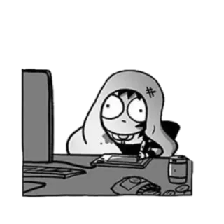 😶 cartoon, desk, computer, hoodie, office, monster, anime, drawing telegram sticker