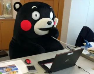 📞 Kumamon niedźwiedź, maskotka, komputer, biuro, Kumamoto telegram sticker