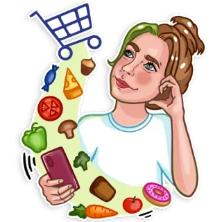 🤔 shopping, courses, nourriture, femme, dessin animé, consommation, téléphone portable, réflexion telegram sticker