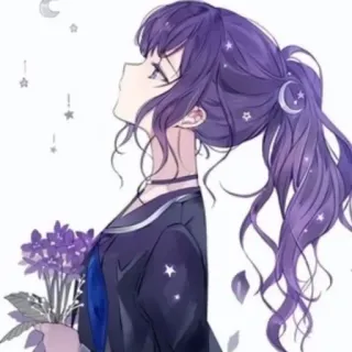 🕳 ragazza anime, capelli viola, fiori, stelle, luna, cartone animato, illustrazione, personaggio telegram sticker