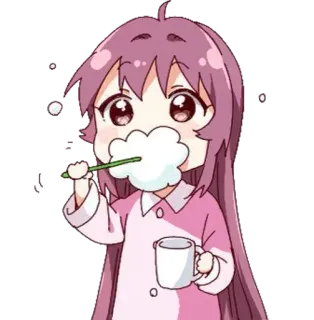 🤔 애니메이션, 여자, 칫솔, 귀여운, 분홍 머리, 아침 telegram sticker
