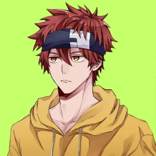 😐 menino anime, cabelo ruivo, moletom amarelo, tiara, desenho animado, anime telegram sticker