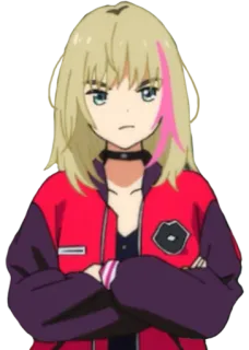 😠 anime, girl, serious, character, jacket, blonde, pink telegram sticker
